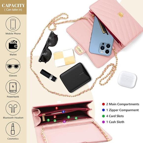 Womens Envelope Crossbody Clutch handbag with chain Pink Quilted - Picture 7 of 12